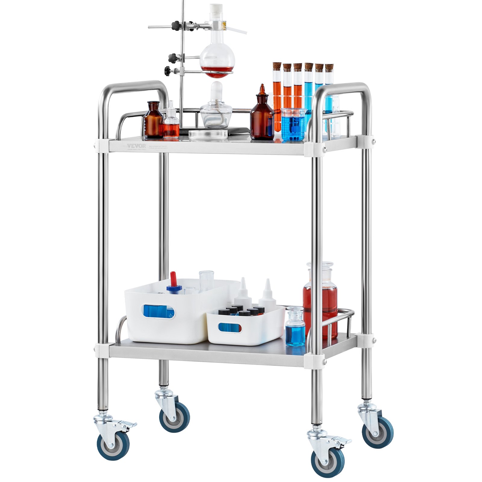 Laboratorní vozík VEVOR, 2-policový vozík z nerezové oceli, laboratorní servírovací vozík s otočnými kolečky, stomatologický vozík pro kliniku, laboratoř, nemocnici, salon, 15,16" x 21,57" x 34,06