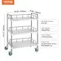 VEVOR Lab Rolling Cart, 3-Shelf Stainless Steel Rolling Cart, Lab Serving Cart with Swivel Casters, Dental Utility Cart for Clinic, Lab, Hospital, Salon, 70 x 395 x 867 mm