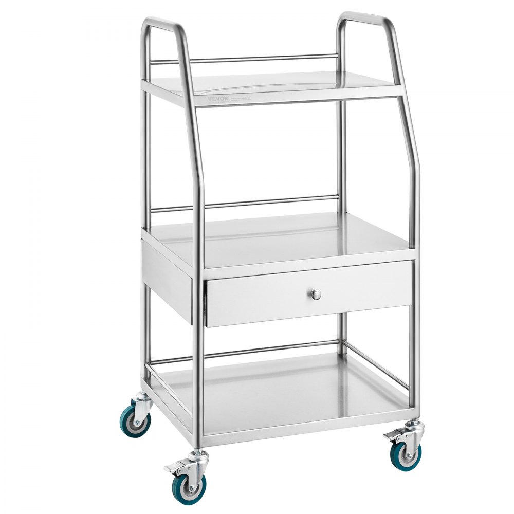 three-tier VEVOR stainless steel utility cart with drawer, handlebars, and teal wheels on a white background.