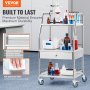 VEVOR stainless steel utility cart with shelves and drawer, holding lab equipment and cleaning supplies.