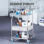 VEVOR stainless steel utility cart in laboratory with glassware and storage on wheels for stability.