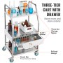 three-tier VEVOR stainless steel utility cart with drawer holding various bottles and lab equipment.