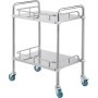 VEVOR stainless steel lab cart with two shelves and four blue caster wheels.