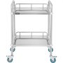 VEVOR stainless steel lab cart with two shelves and blue caster wheels.