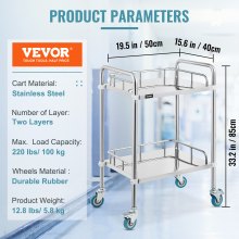 VEVOR 2-lags lab medisinsk vogn i rustfritt stål vogn for laboratorium for medisinsk utstyr for laboratoriesykehusklinikker