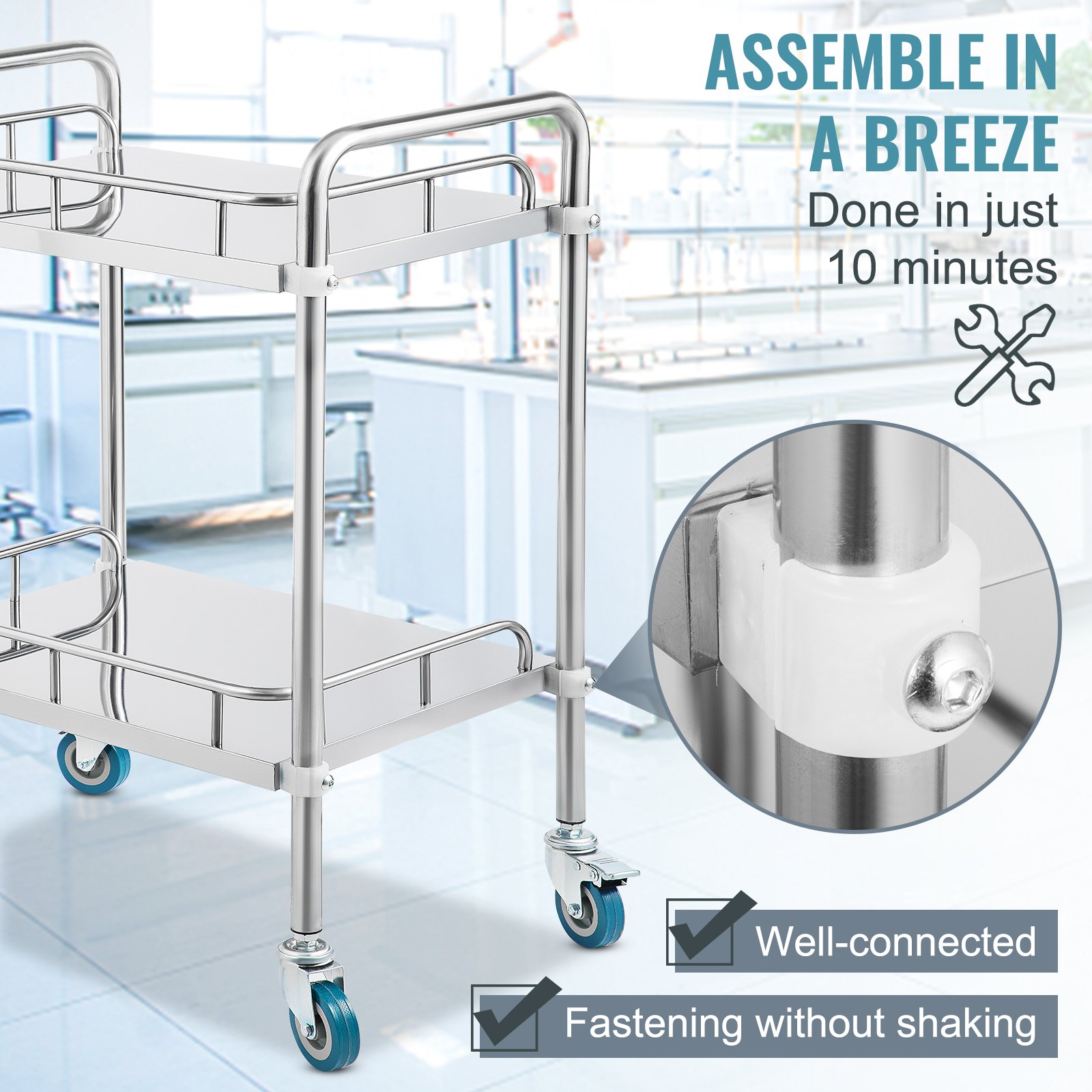 VEVOR stainless steel lab cart with wheels, easy assembly in 10 minutes.