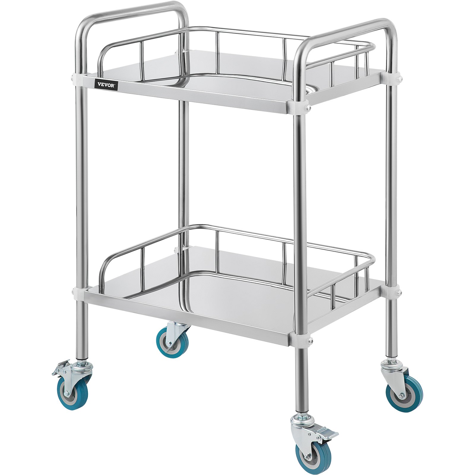 VEVOR stainless steel lab cart with two shelves and blue caster wheels.