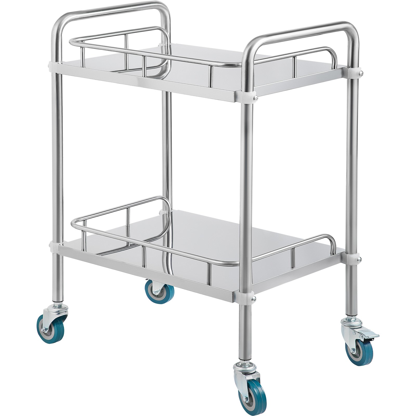 VEVOR stainless steel lab cart with two shelves and four blue caster wheels.