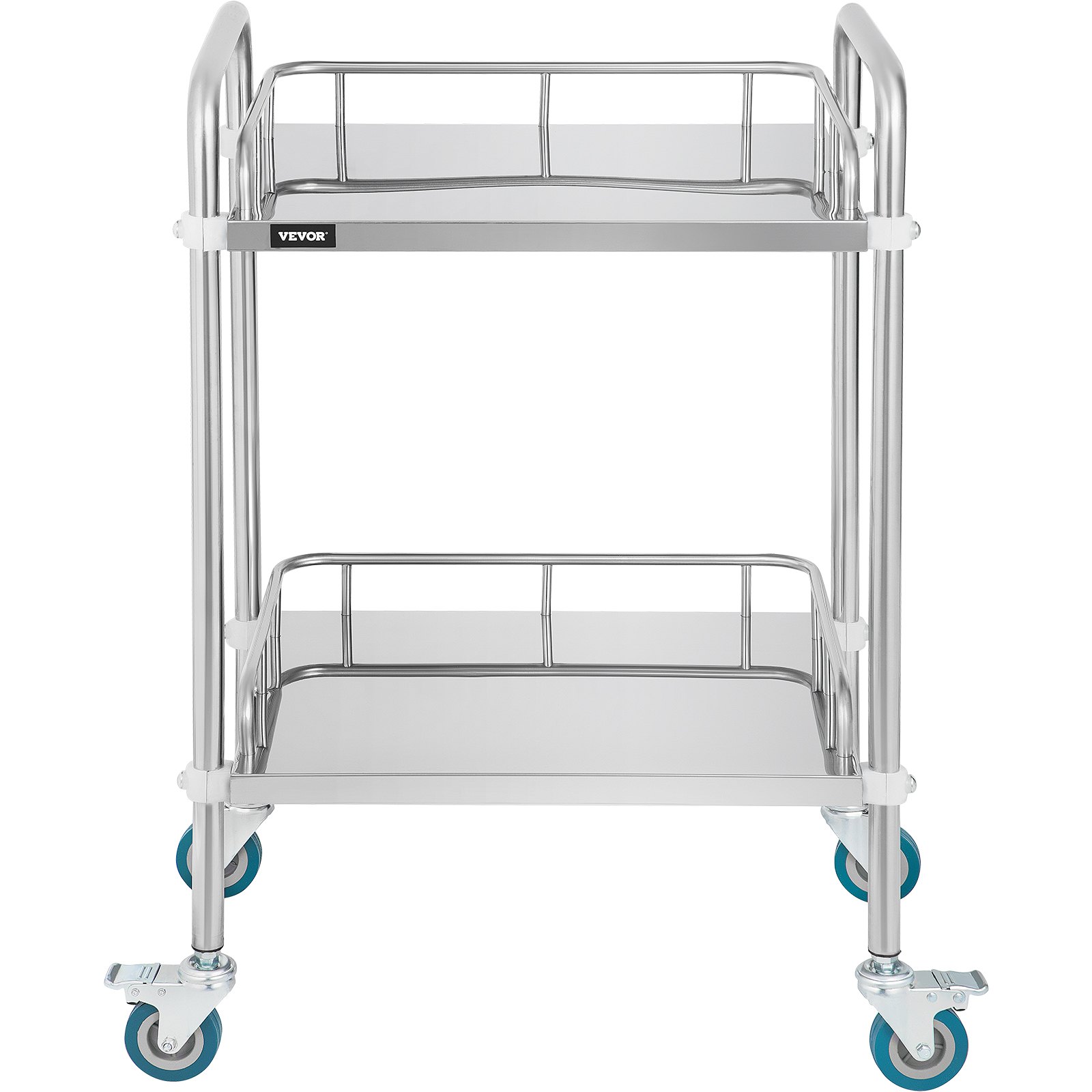 VEVOR stainless steel lab cart with two shelves and blue caster wheels.