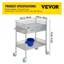 VEVOR 2-lagers medicinsk vagn för labb med 2 lådor i rostfritt stål rullvagn för labmedicinsk utrustning för labbsjukhuskliniker