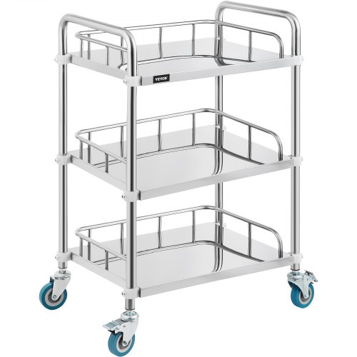 VEVOR 3-Layer Lab Medical Cart Stainless Steel Rolling Cart Lab Medical Equipment Cart Trolley for Lab Hospital Clinics