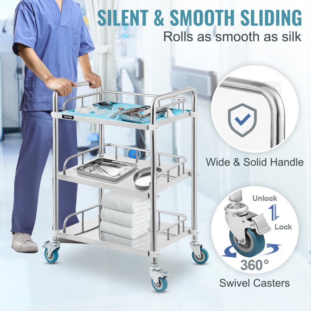 VEVOR lab rolling cart with wide handle, 360° swivel casters, and stainless steel trays.