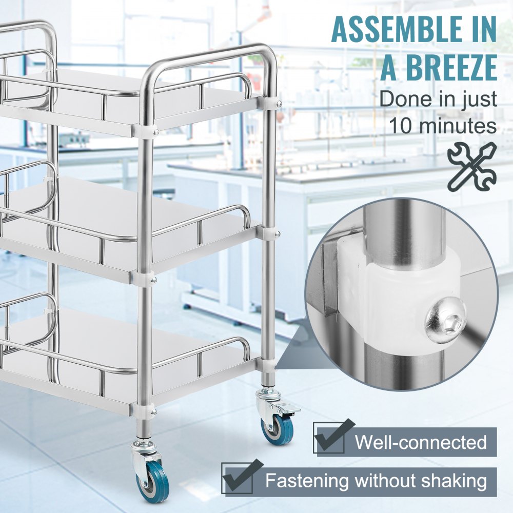 VEVOR lab rolling cart with three-tier shelves, durable construction, and locking wheels.