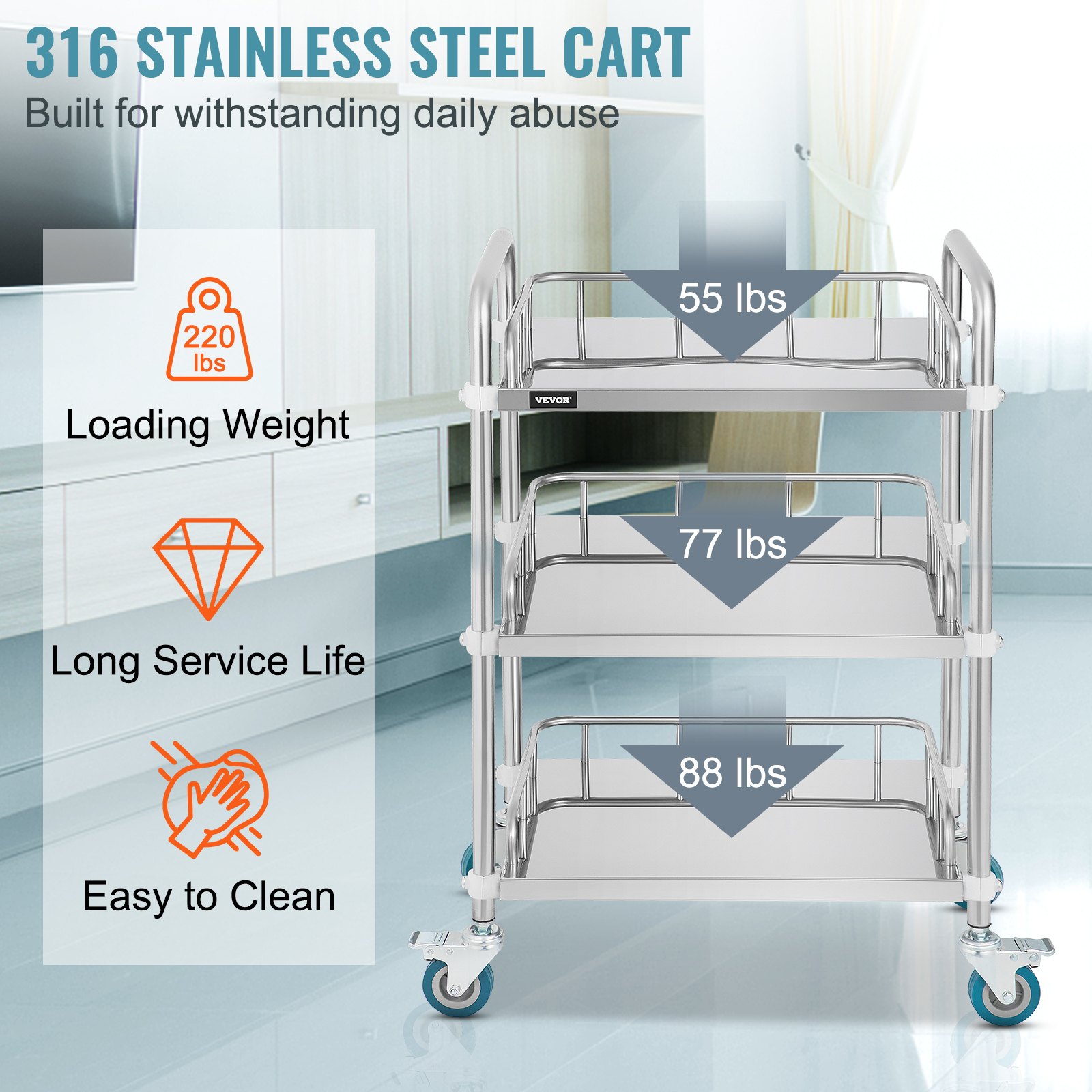 three-tier 316 stainless steel cart with 220 lbs loading; VEVOR lab rolling cart.