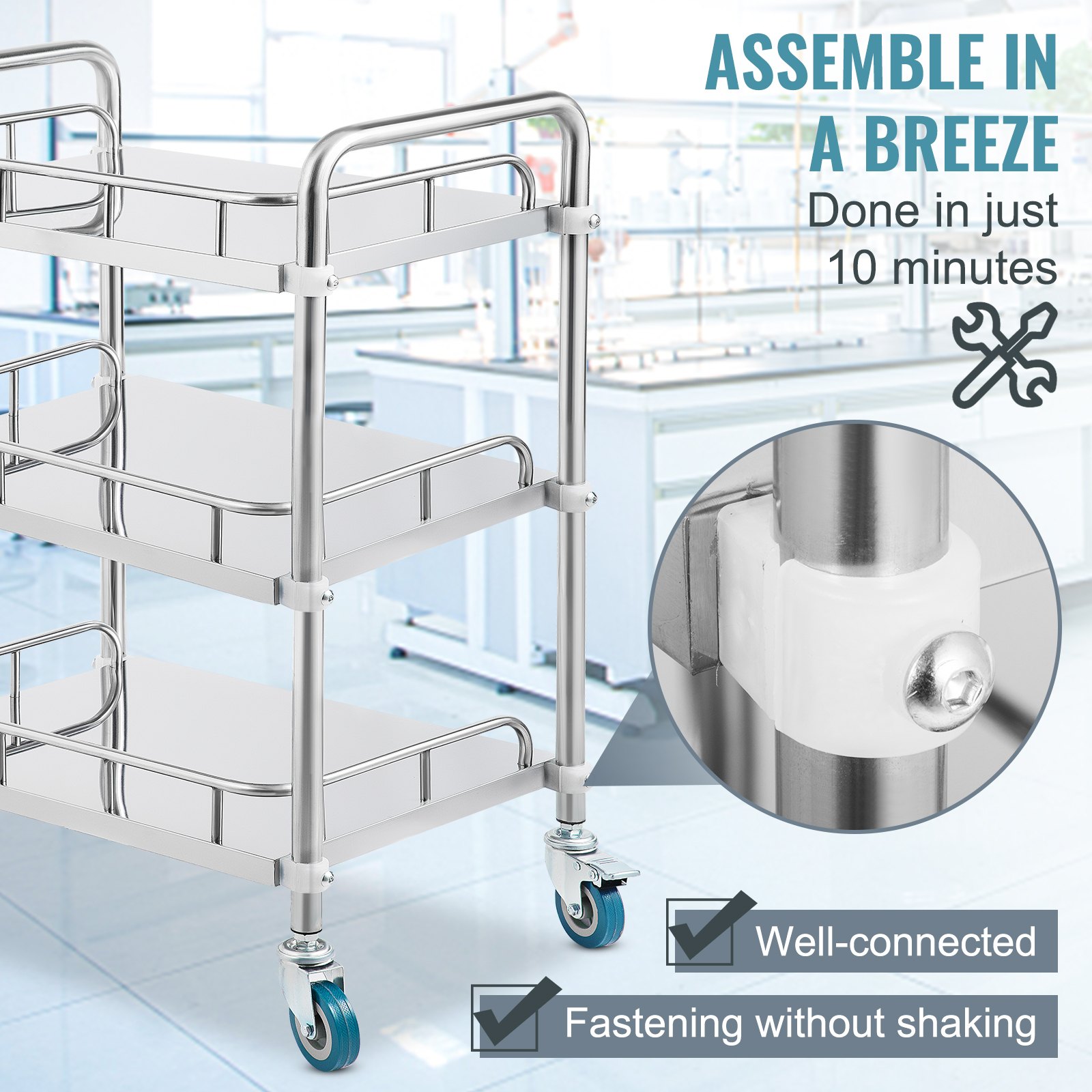 VEVOR lab rolling cart with three-tier shelves, durable construction, and locking wheels.