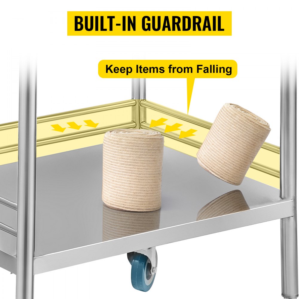 3-Layer Stainless Steel Lab Medical Cart Trolley W/ Upper Drawer