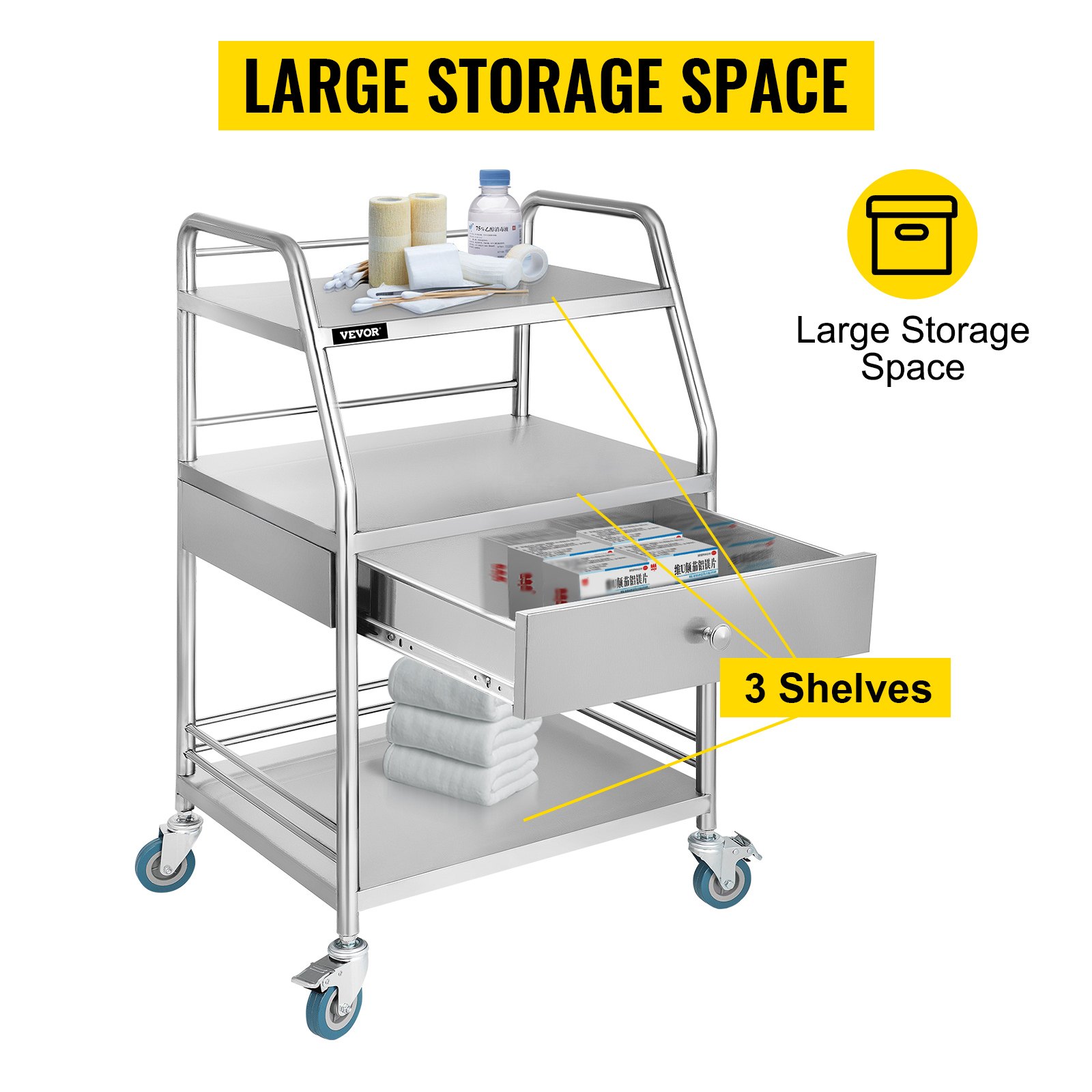 VEVOR Mobile Rolling Cart 3 Layers 1 Drawer Trolley Lab Cart W/ Upper Drawer