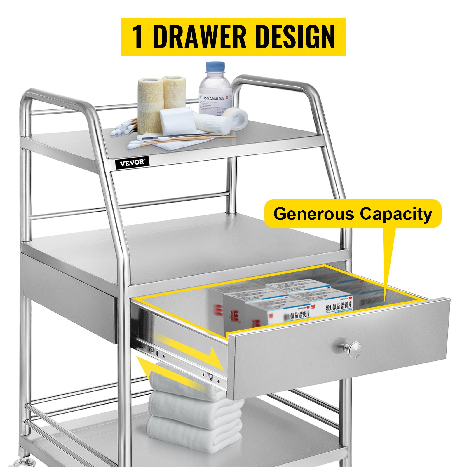 VEVOR Mobile Rolling Cart 3 Layers 1 Drawer Trolley Lab Cart W/ Upper Drawer