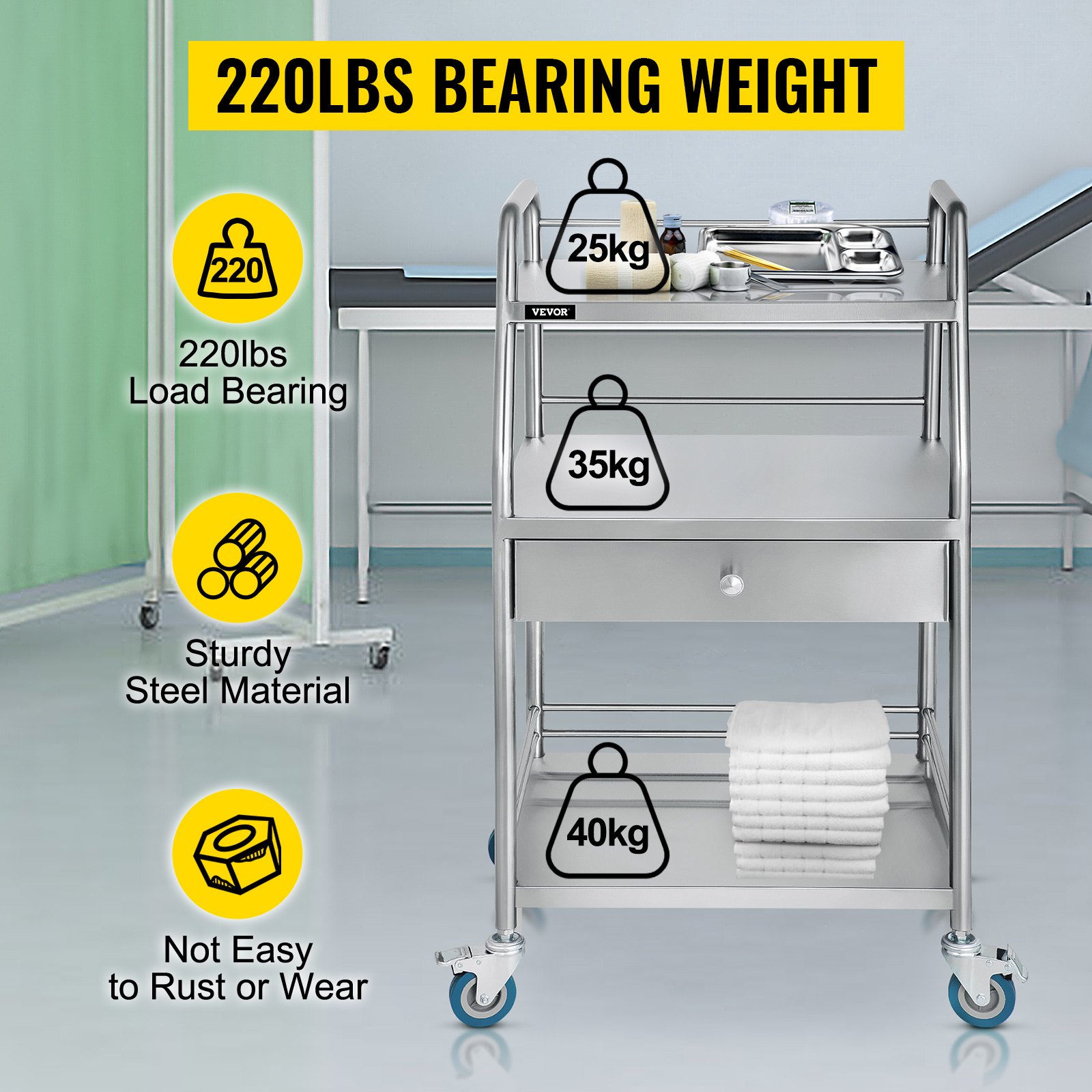 3-Layer Stainless Steel Lab Medical Cart Trolley W/ Upper Drawer