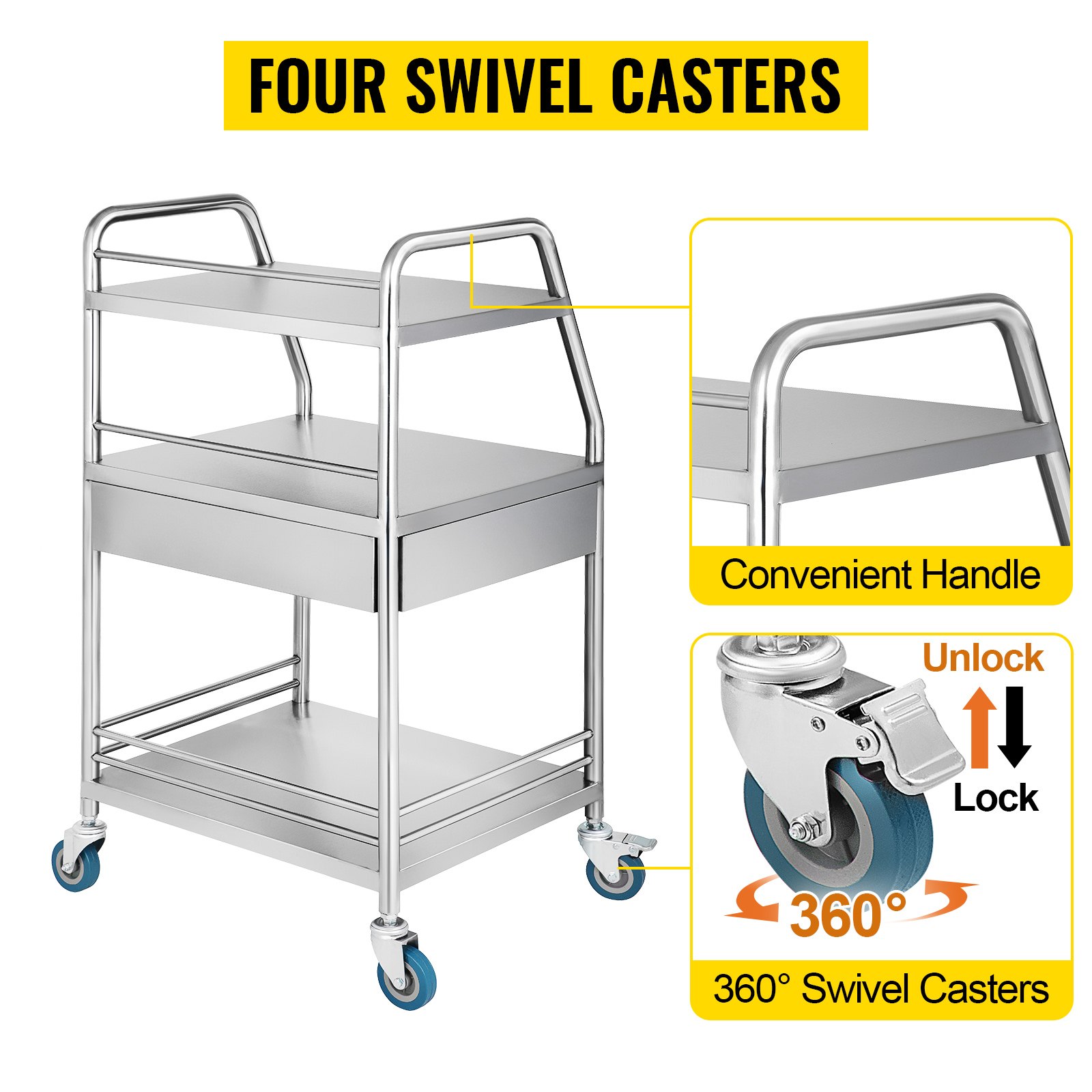 3-Layer Stainless Steel Lab Medical Cart Trolley W/ Upper Drawer