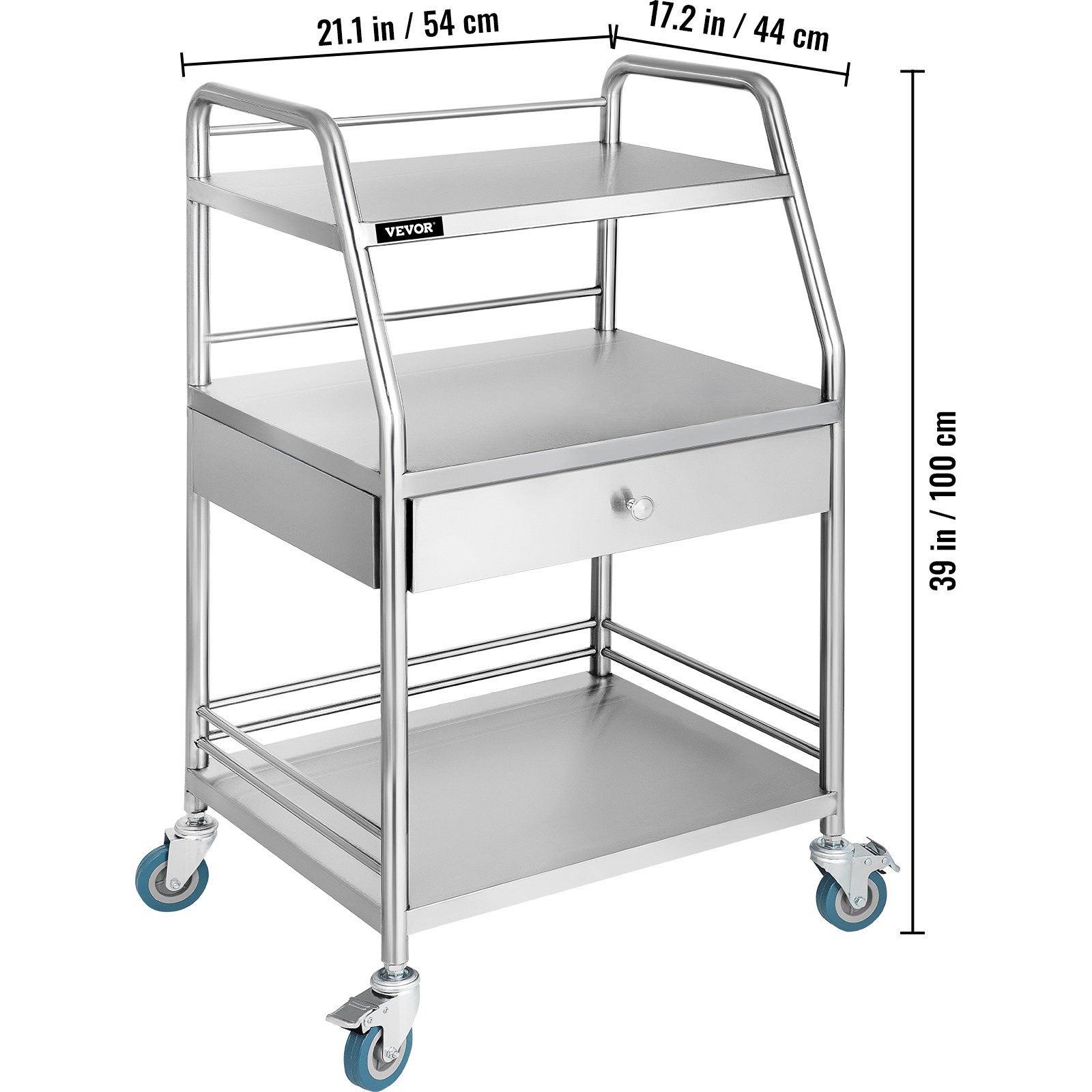 3-Layer Stainless Steel Lab Medical Cart Trolley W/ Upper Drawer