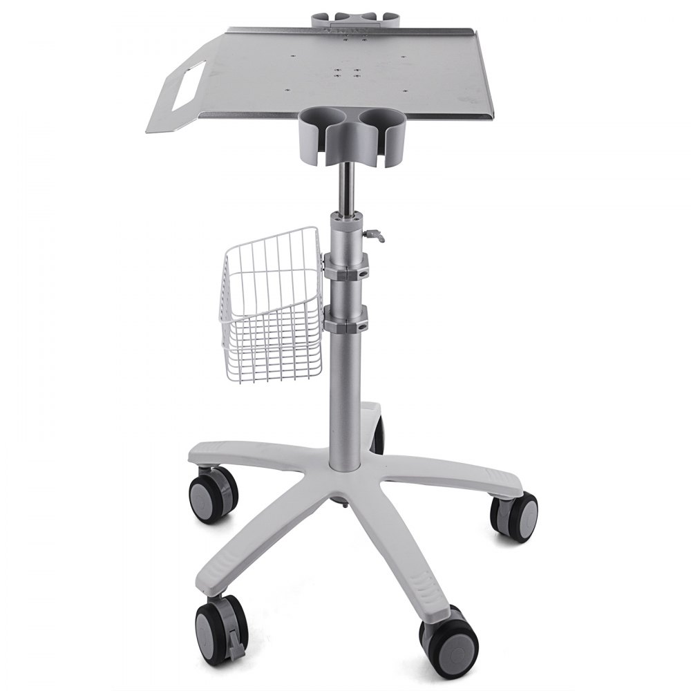 VEVOR mobile trolley cart with tray, cup holders, wire basket, and caster wheels.