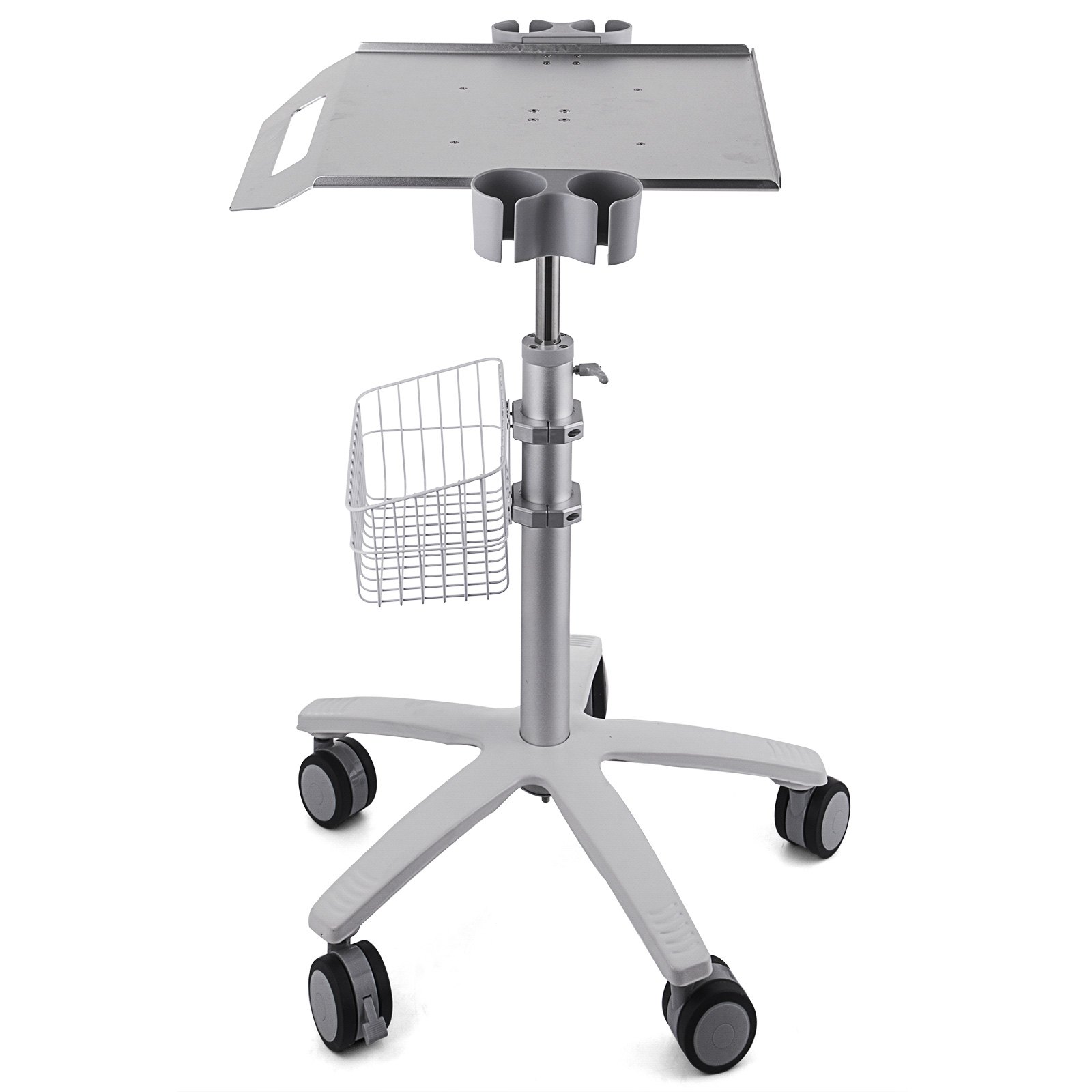 VEVOR mobile trolley cart with tray, cup holders, wire basket, and caster wheels.