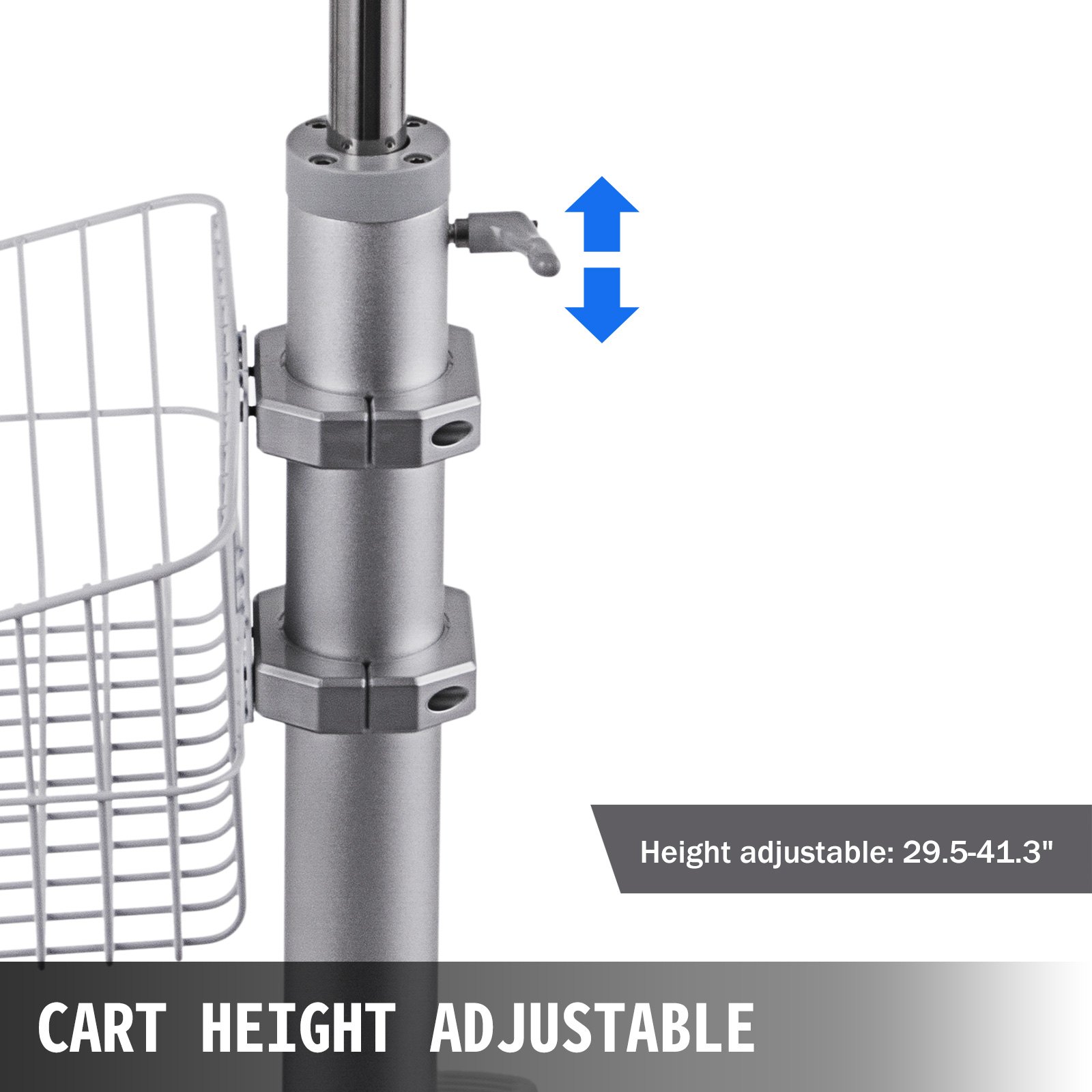 adjustable height feature of the VEVOR mobile trolley cart with a 29.5-41.3&quot; range.