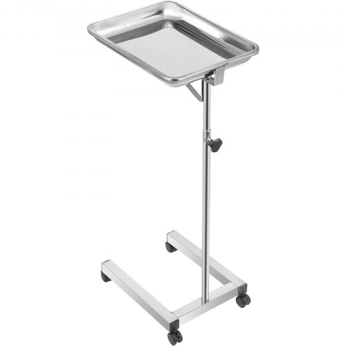 VEVOR Mayo Tray Stainless Steel Mayo Stand 18x14 Inch Trolley Mayo Tray Stand Adjustable Height 32-51 Inch Instrument Tray w/ Removable Tray & 4 Omnidirectional Wheels for Home Equipment Personal Care