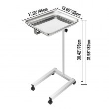 VEVOR Lab Cart Stainless Steel Mayo Tray Stand 18x14 Inch Trolley Mayo Stand Adjustable Height 32-51 Inch Instrument Tray w/Removable Tray & 4 Omnidirectional Wheels for Home Equipment Personal Care