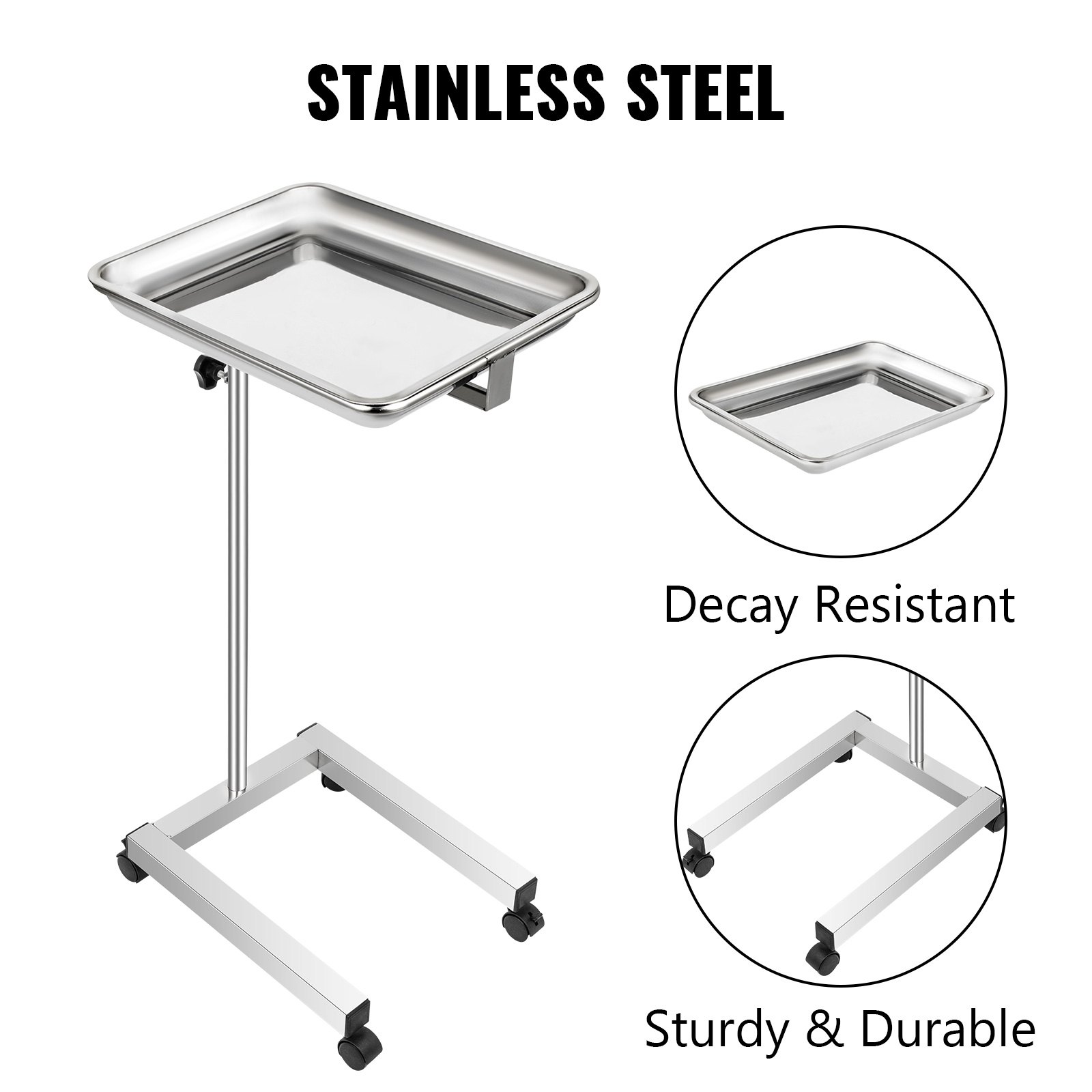 VEVOR lab cart, stainless steel, decay resistant, sturdy, and durable with caster wheels.