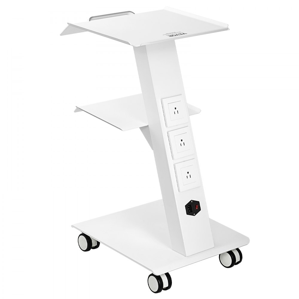 VEVOR lab trolley with white metal shelves, three power outlets, and wheels for mobility.