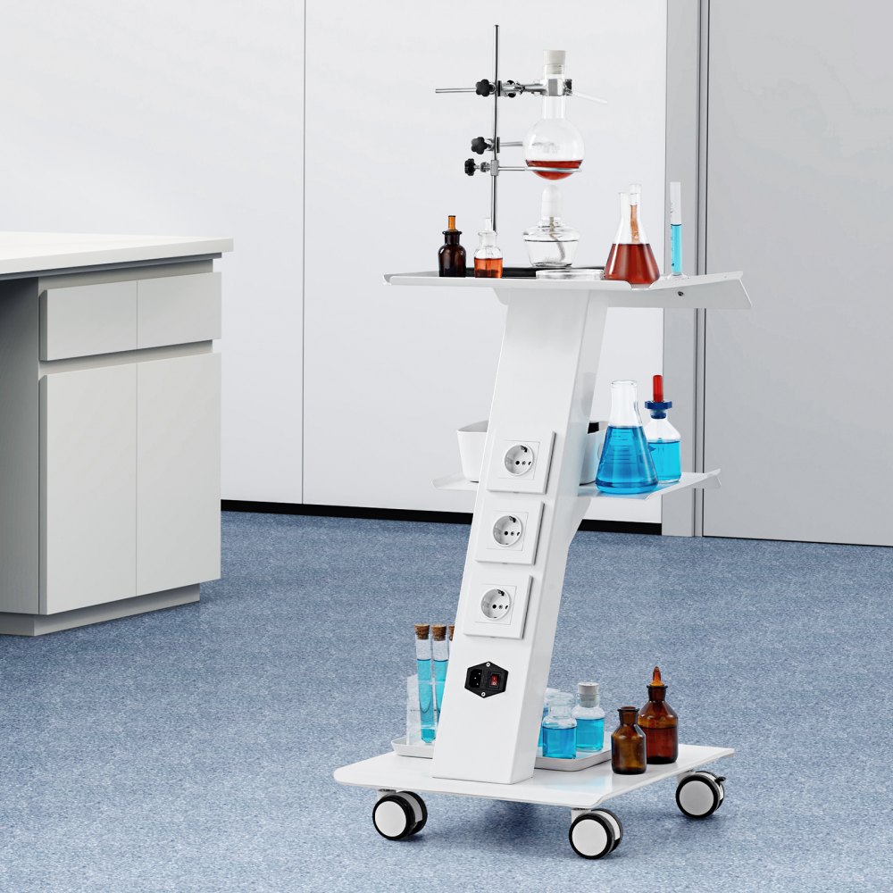 VEVOR Lab Trolley, Rolling Lab Cart with Built-in Socket, 3-Layer Metal Mobile Trolley, Tray Rolling Clinic Cart with Swivel Wheels, 220 lbs Weight Capacity, for Lab, Clinic, Beauty and Salon