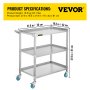 VEVORRolling Lab Cart Mobile Clinic Cart 225 kg Weight Capacity 3 Shelves Steel