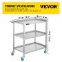 VEVOR Lab Utility Cart, 500 lbs Weight Capacity Rolling Lab Cart, 3 Shelves Mobile Clinic Cart, Sturdy Stainless Steel Frame Lab Trolley, 360° Silent Rolling Wheels w/ Foot Brake, for Lab Clinic Salon