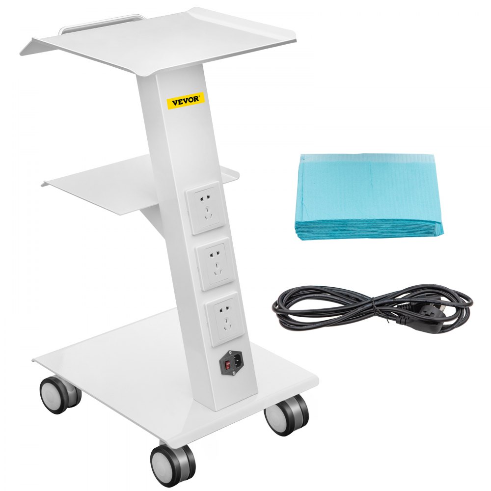 VEVOR lab trolley with power outlets on wheels, blue cloths, and power cord included.