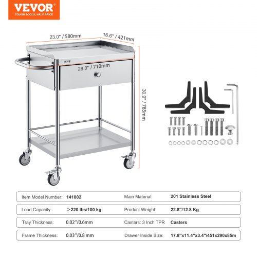 VEVOR Medical Cart, 2 Layers Stainless Steel Cart 220 lbs Weight Capacity,  Lab Utility Cart with 360° Silent Wheels and a Drawer for Lab, Clinic, Kitchen, Salon