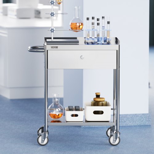 VEVOR Medical Cart, 2 Layers Stainless Steel Cart 220 lbs Weight Capacity,  Lab Utility Cart with 360° Silent Wheels and a Drawer for Lab, Clinic, Kitchen, Salon