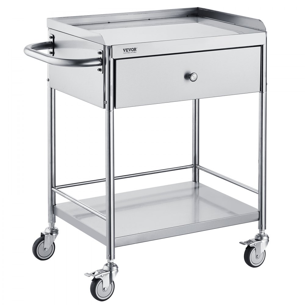 VEVOR Medical Cart, 2-lagers vagn i rostfritt stål 220 lbs Viktkapacitet, Lab Utility Cart med 360° tysta hjul och en låda för labb, klinik, kök, salong