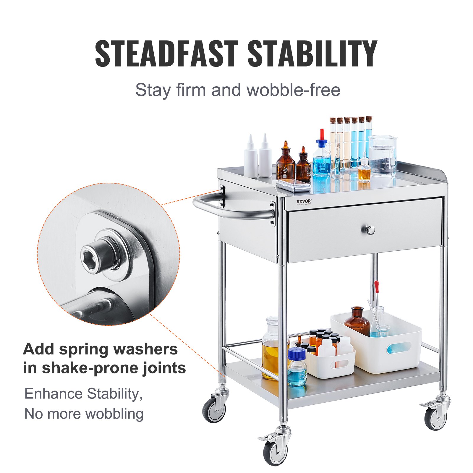 VEVOR Medical Cart, 2 Layers Stainless Steel Cart 99.8 kg Weight Capacity, Lab Utility Cart with 360° Silent Wheels and a Drawer for Lab, Clinic, Kitchen, Salon