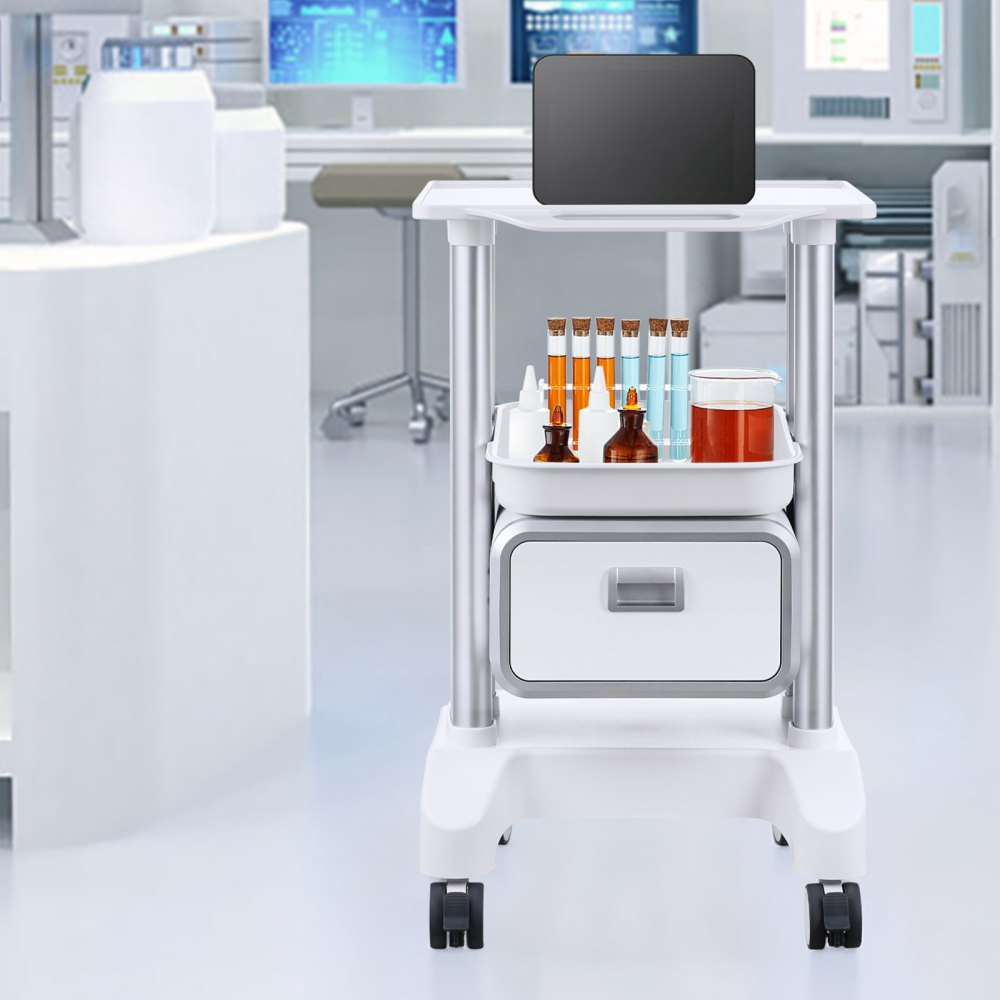 VEVOR 2 Tiers Lab Carts, Lab Utility Cart with 1 Drawer & 1 Top Tray, Mobile Medical Cart with ABS Material, Lab Rolling Cart with 4 Silent Wheels for Lab, Clinic, Hospital, Salon, White