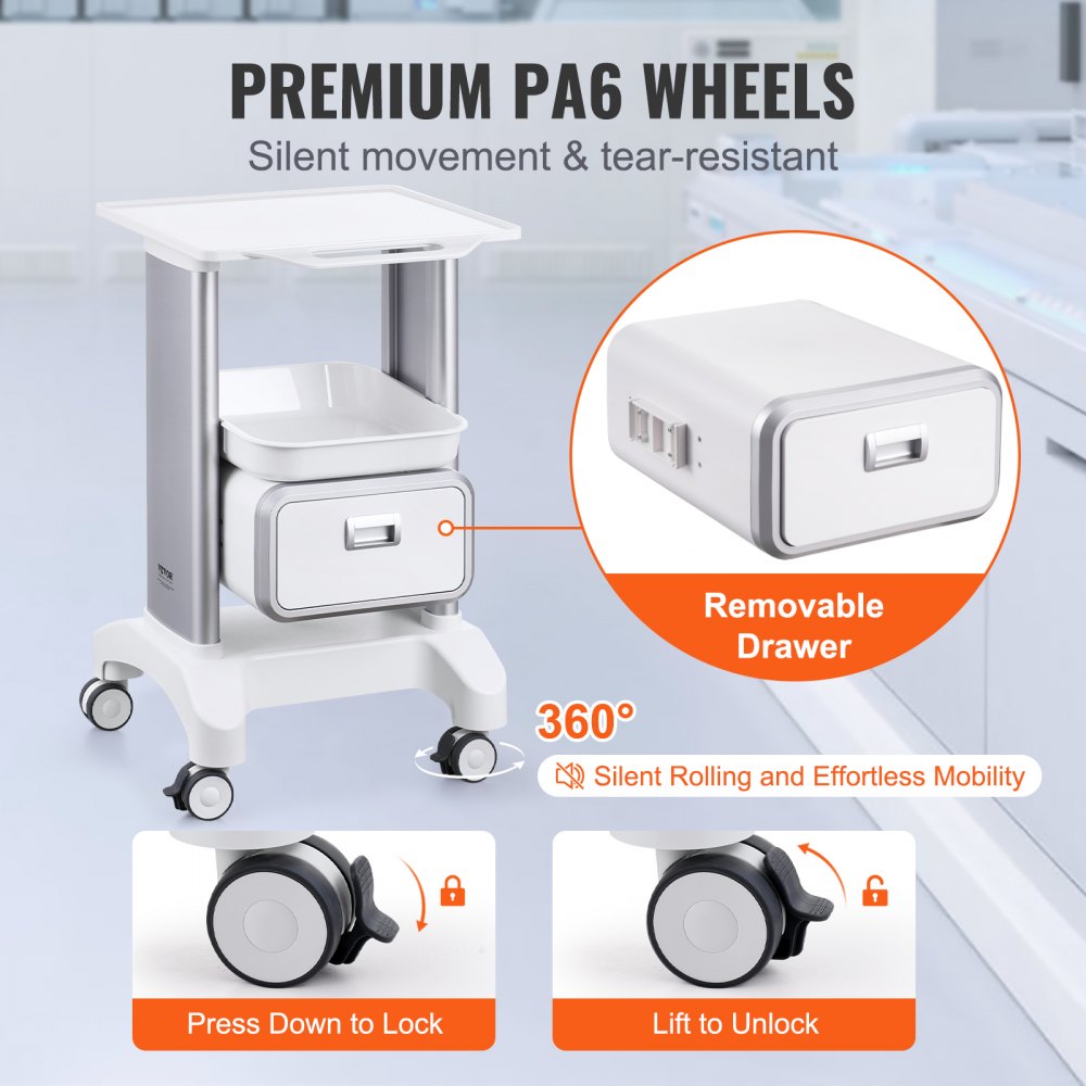 VEVOR 2 Tiers Lab Carts, Lab Utility Cart with 1 Drawer & 1 Top Tray, Mobile Medical Cart with ABS Material, Lab Rolling Cart with 4 Silent Wheels for Lab, Clinic, Hospital, Salon, White