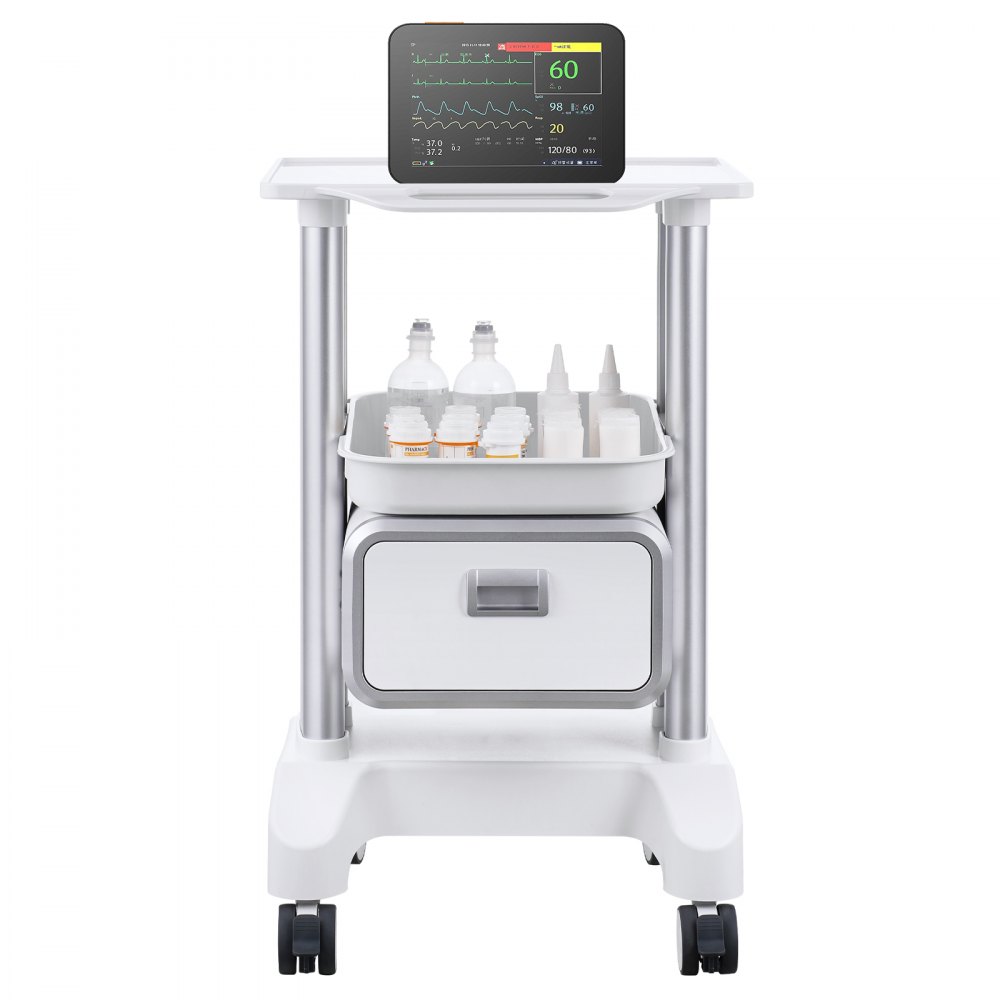 VEVOR 2 Tiers Lab Carts, Lab Utility Cart with 1 Drawer & 1 Top Tray, Mobile Medical Cart with ABS Material, Lab Rolling Cart with 4 Silent Wheels for Lab, Clinic, Hospital, Salon, White