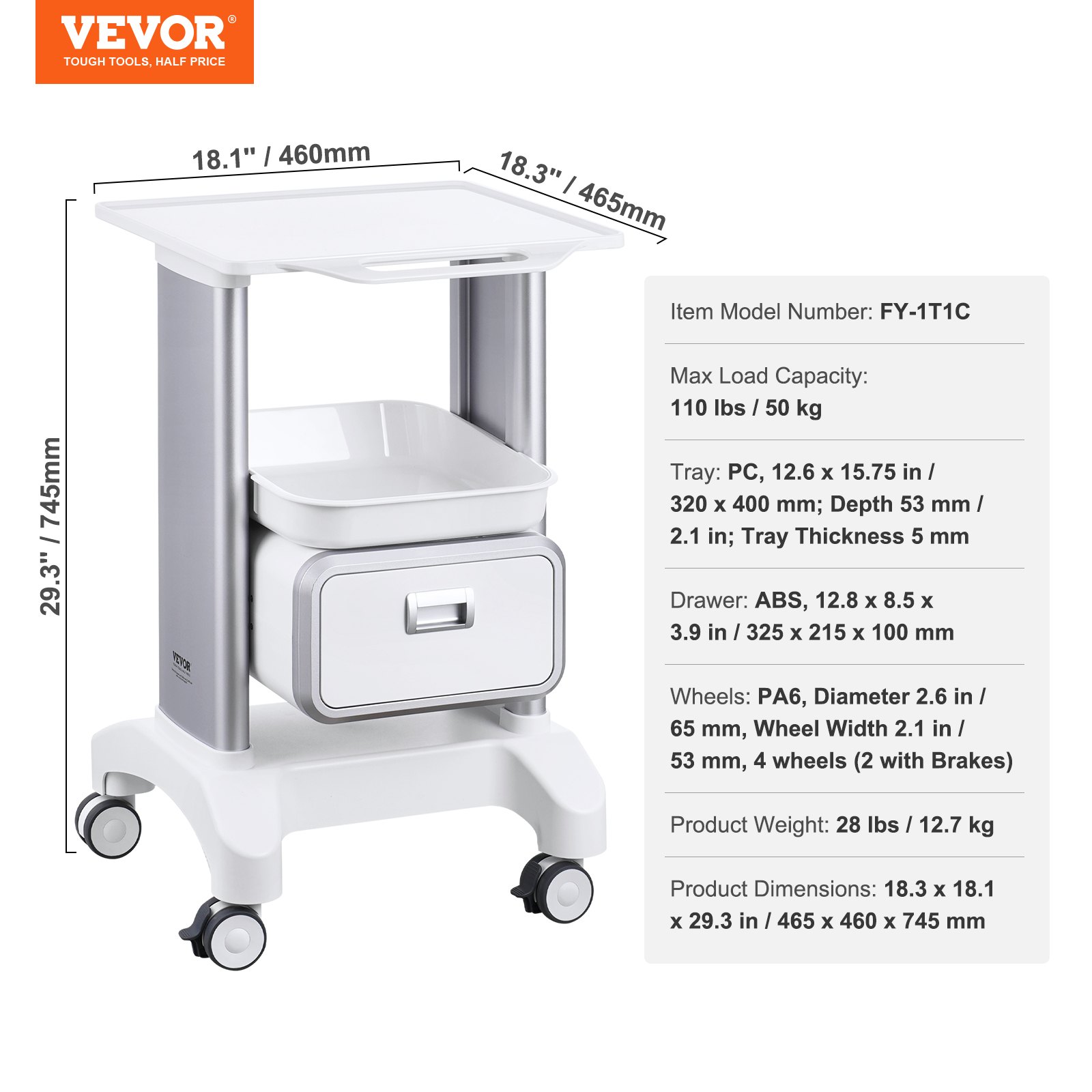 VEVOR 2 Tiers Lab Carts, Lab Utility Cart with 1 Drawer & 1 Top Tray, Mobile Medical Cart with ABS Material, Lab Rolling Cart with 4 Silent Wheels for Lab, Clinic, Hospital, Salon, White