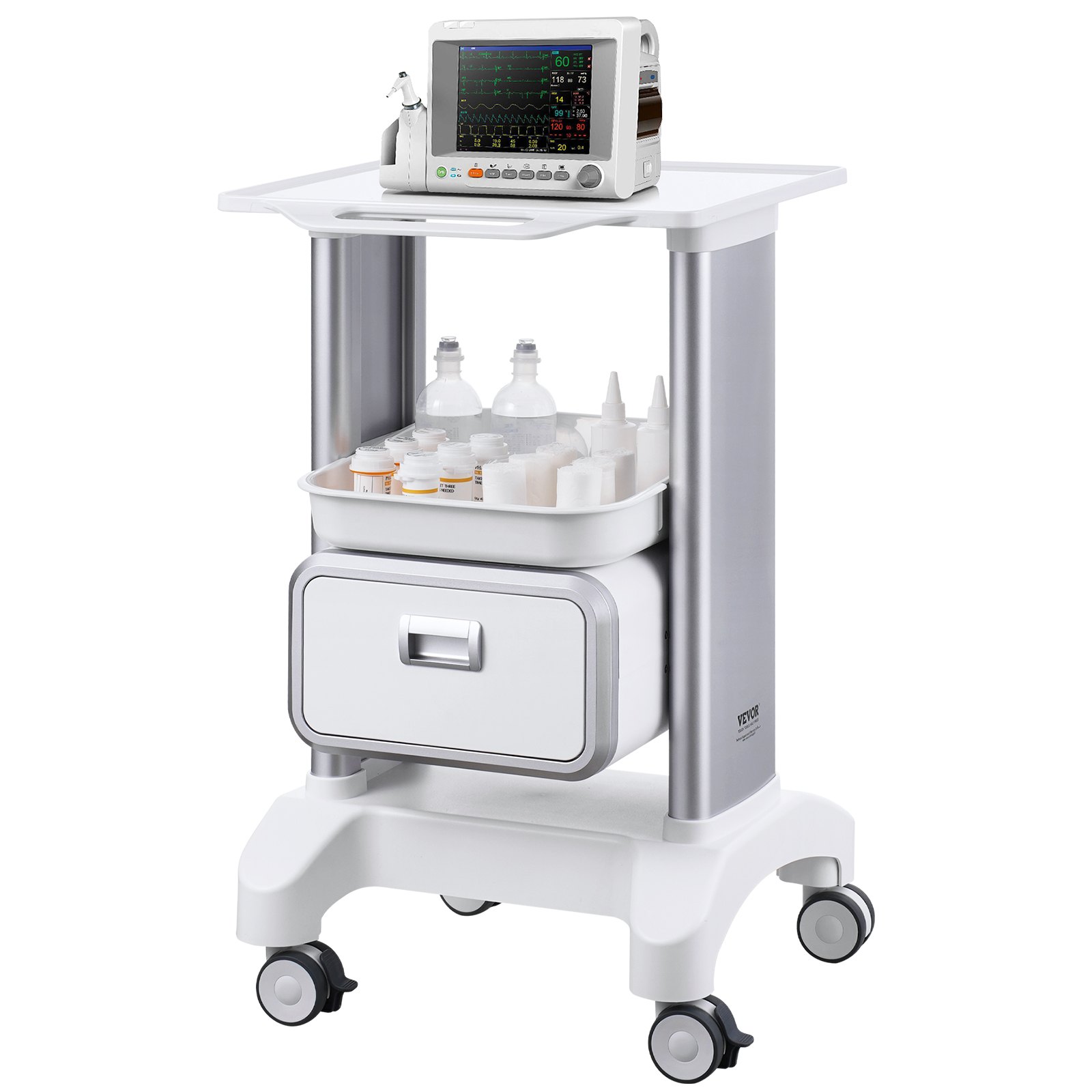VEVOR 2 Tiers Lab Carts, Lab Utility Cart with 1 Drawer & 1 Top Tray, Mobile Medical Cart with ABS Material, Lab Rolling Cart with 4 Silent Wheels for Lab, Clinic, Hospital, Salon, White