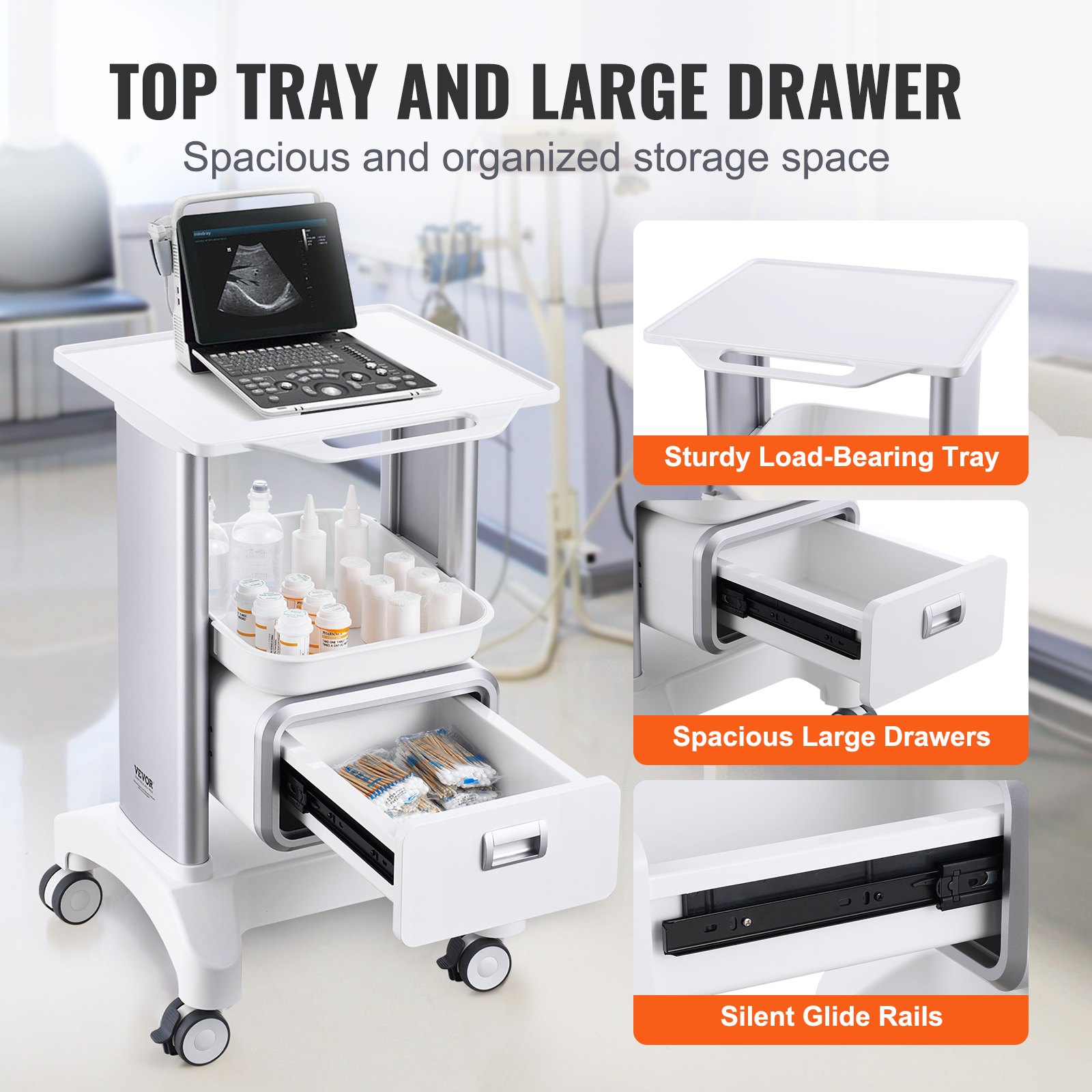 VEVOR 2 Tiers Lab Carts, Lab Utility Cart with 1 Drawer & 1 Top Tray, Mobile Medical Cart with ABS Material, Lab Rolling Cart with 4 Silent Wheels for Lab, Clinic, Hospital, Salon, White