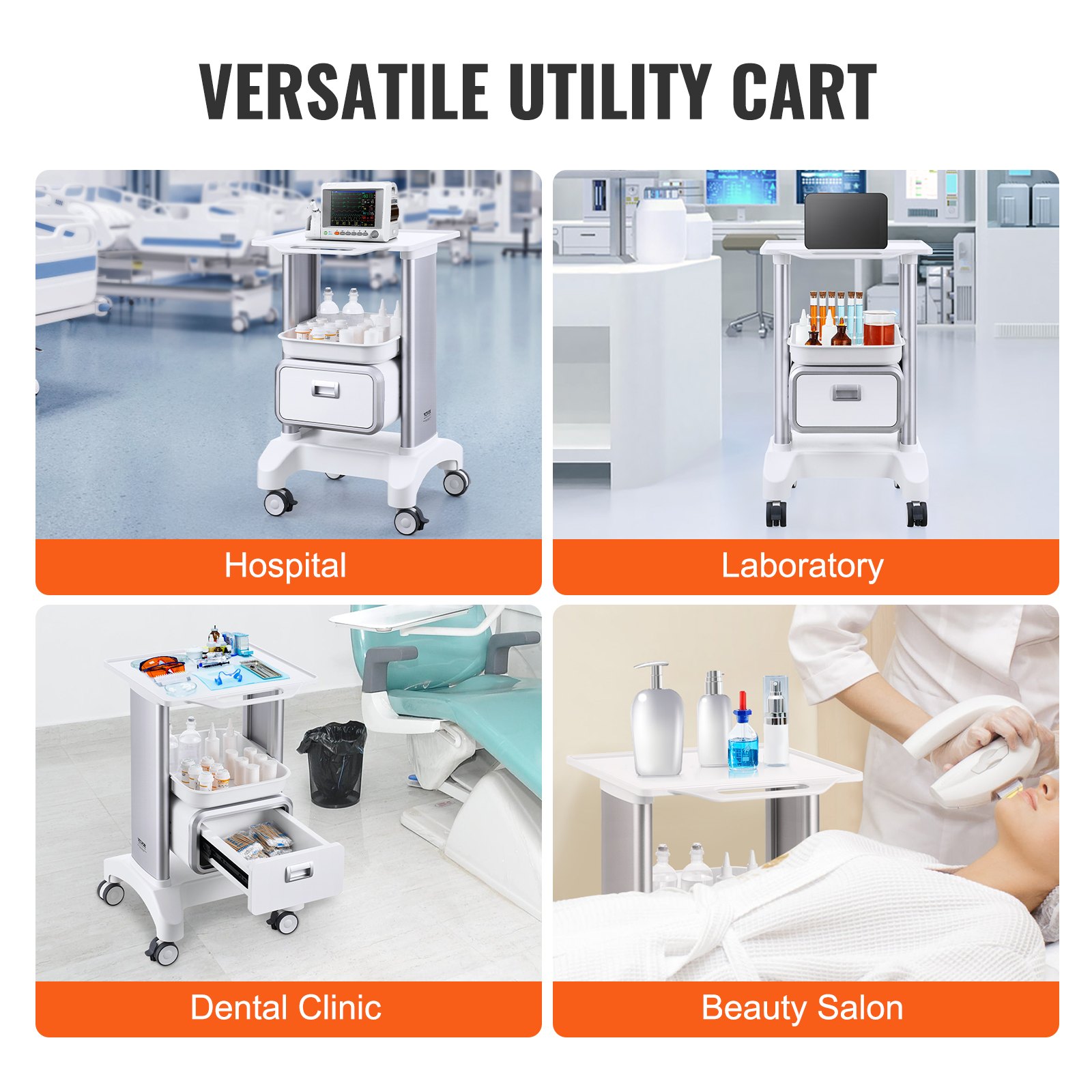 VEVOR 2 Tiers Lab Carts, Lab Utility Cart with 1 Drawer & 1 Top Tray, Mobile Medical Cart with ABS Material, Lab Rolling Cart with 4 Silent Wheels for Lab, Clinic, Hospital, Salon, White
