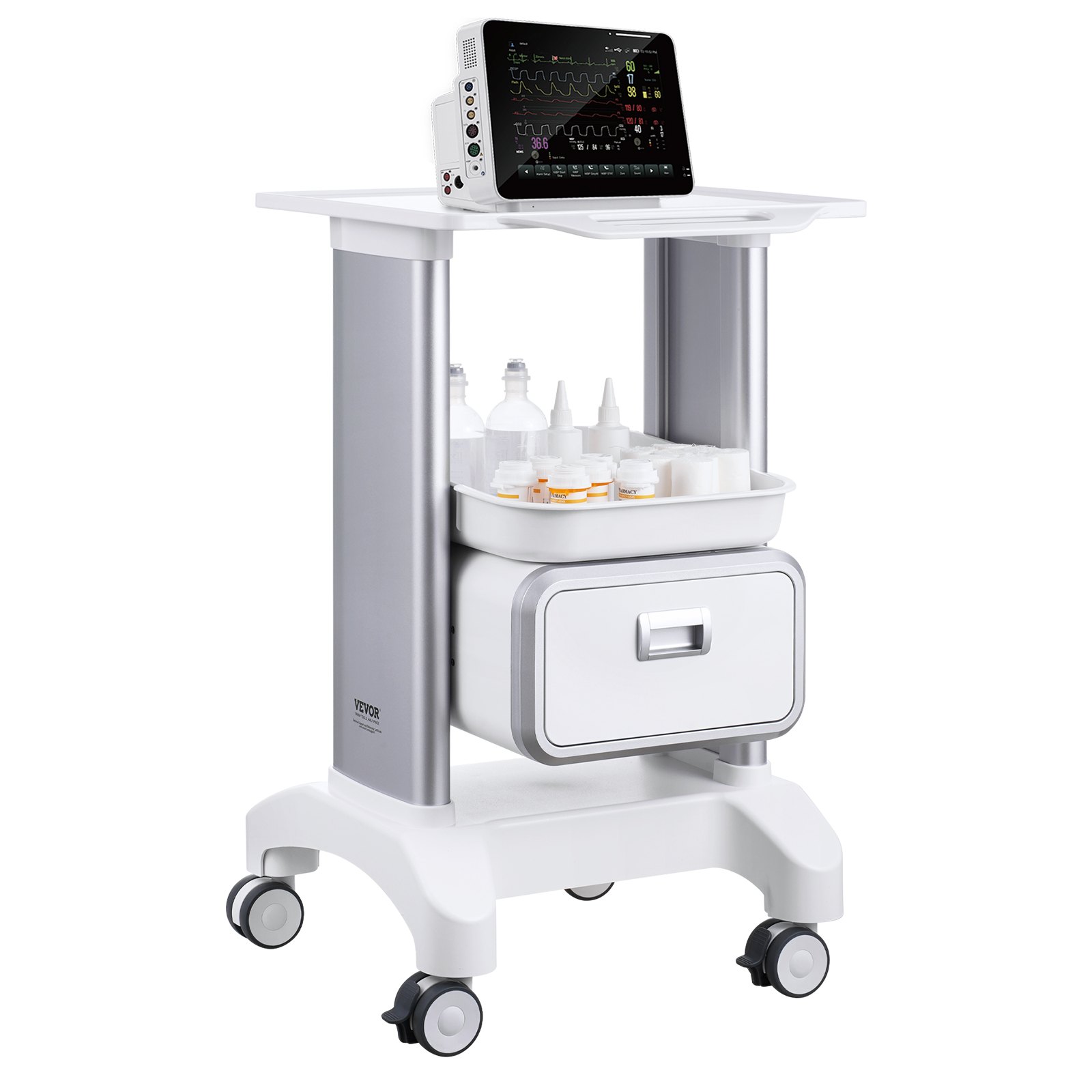 VEVOR 2 Tiers Lab Carts, Lab Utility Cart with 1 Drawer & 1 Top Tray, Mobile Medical Cart with ABS Material, Lab Rolling Cart with 4 Silent Wheels for Lab, Clinic, Hospital, Salon, White