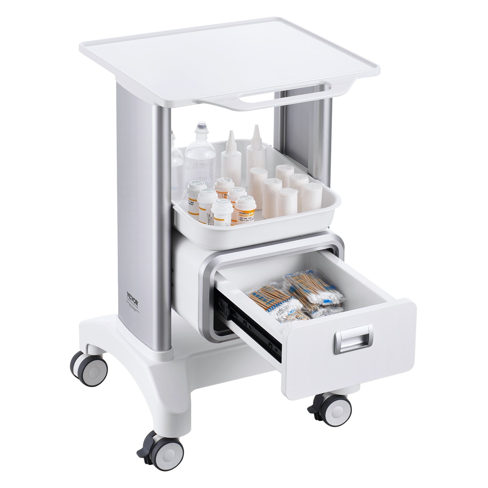 VEVOR 2 Tiers Lab Carts, Lab Utility Cart with 1 Drawer & 1 Top Tray, Mobile Medical Cart with ABS Material, Lab Rolling Cart with 4 Silent Wheels for Lab, Clinic, Hospital, Salon, White