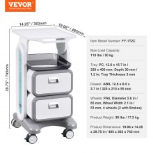 VEVOR 3 Tiers Lab Carts Mobile Medical Cart with 2 Drawers & 1 Top Tray White